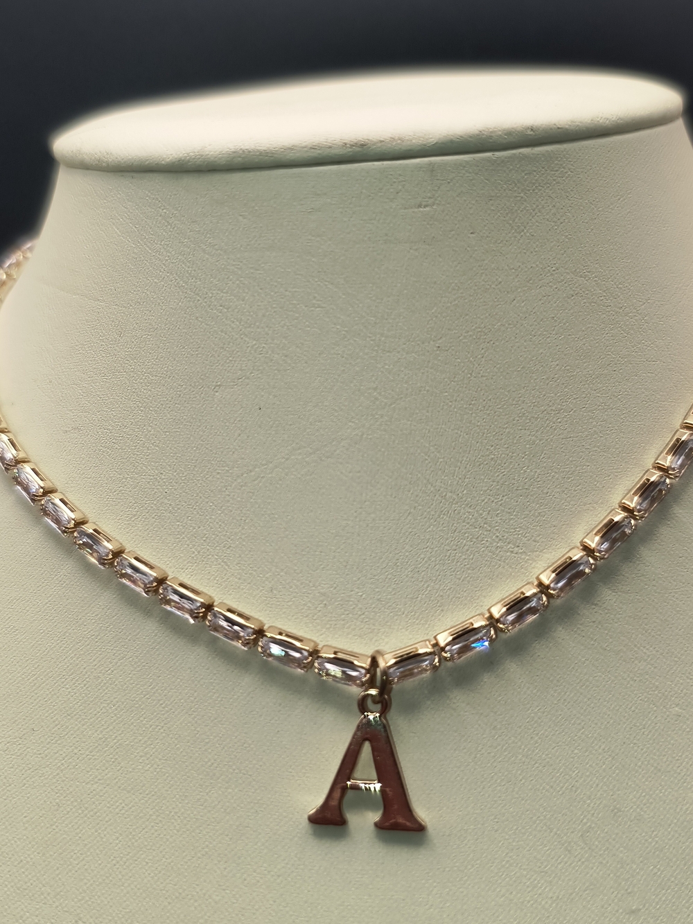 Gold Baguette Tennis Choker Necklace Initial A Pendant Rhinestone 16" Clasp - Picture 2 of 4